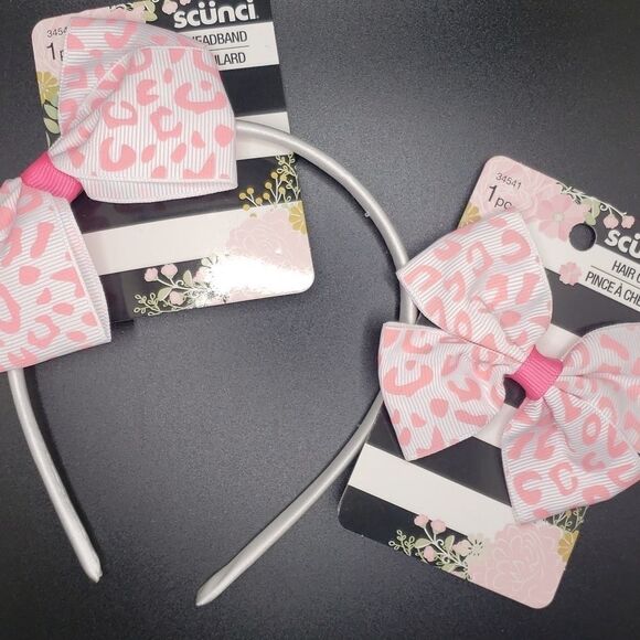 Scunci white headband with animal print bow hair clip bundle NWT - Picture 2 of 2